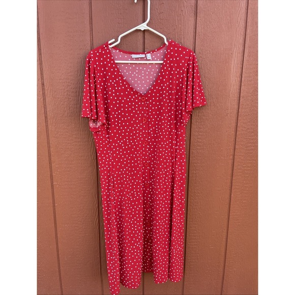 Susan Graver Dresses & Skirts - Susan Graver Red Polka Dot Liquid Knit Button Front Midi Dress Flutter Sleeve M